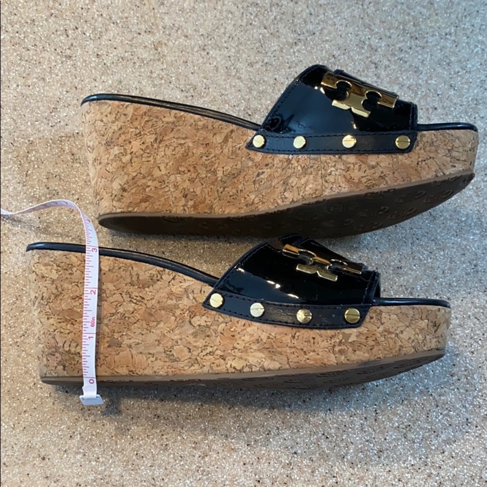 Tory Burch Pamela 3” Black Patent Leather and Cork Wedge Heels - Picture 3 of 7